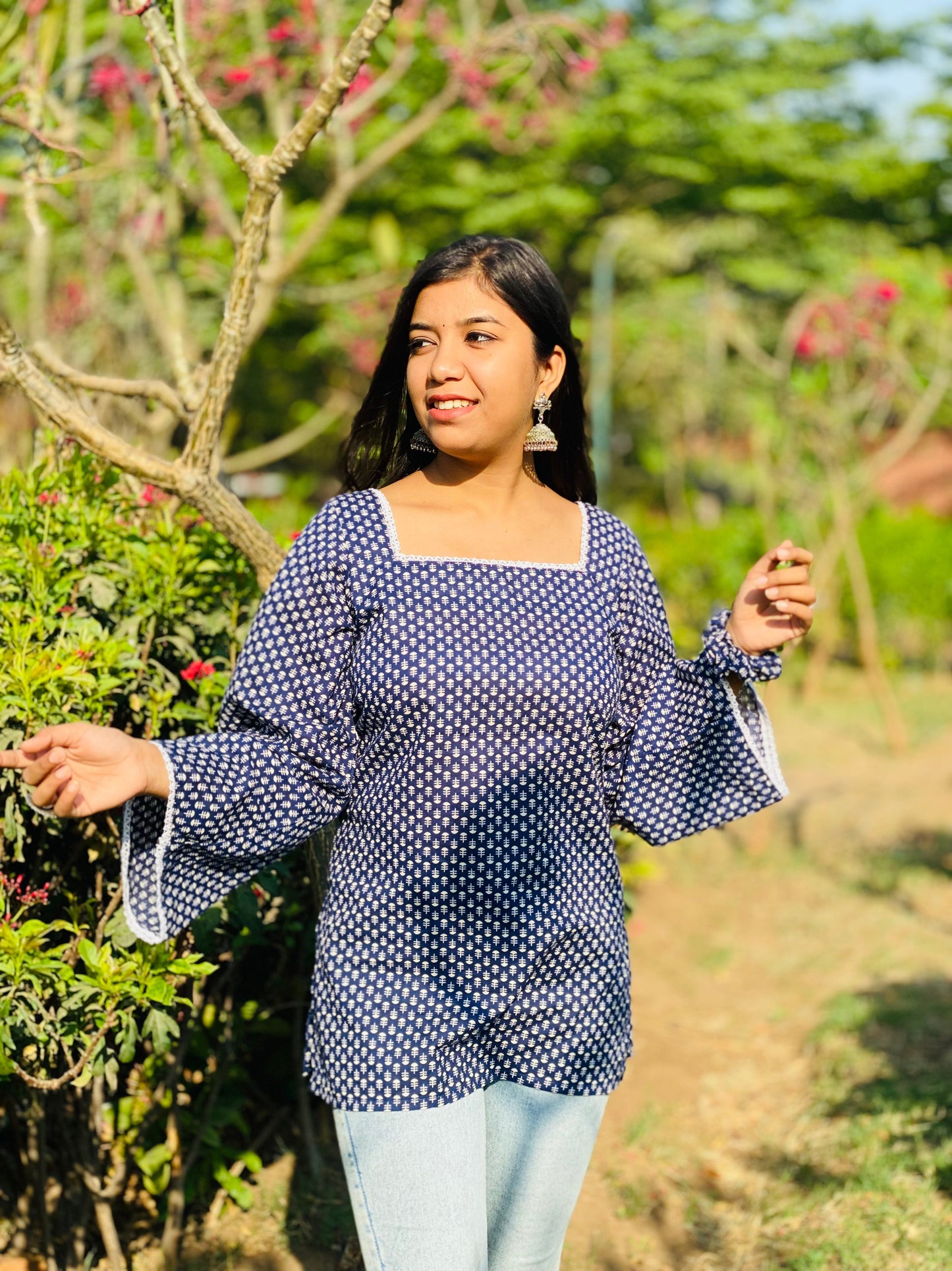 Blue square neck short kurti