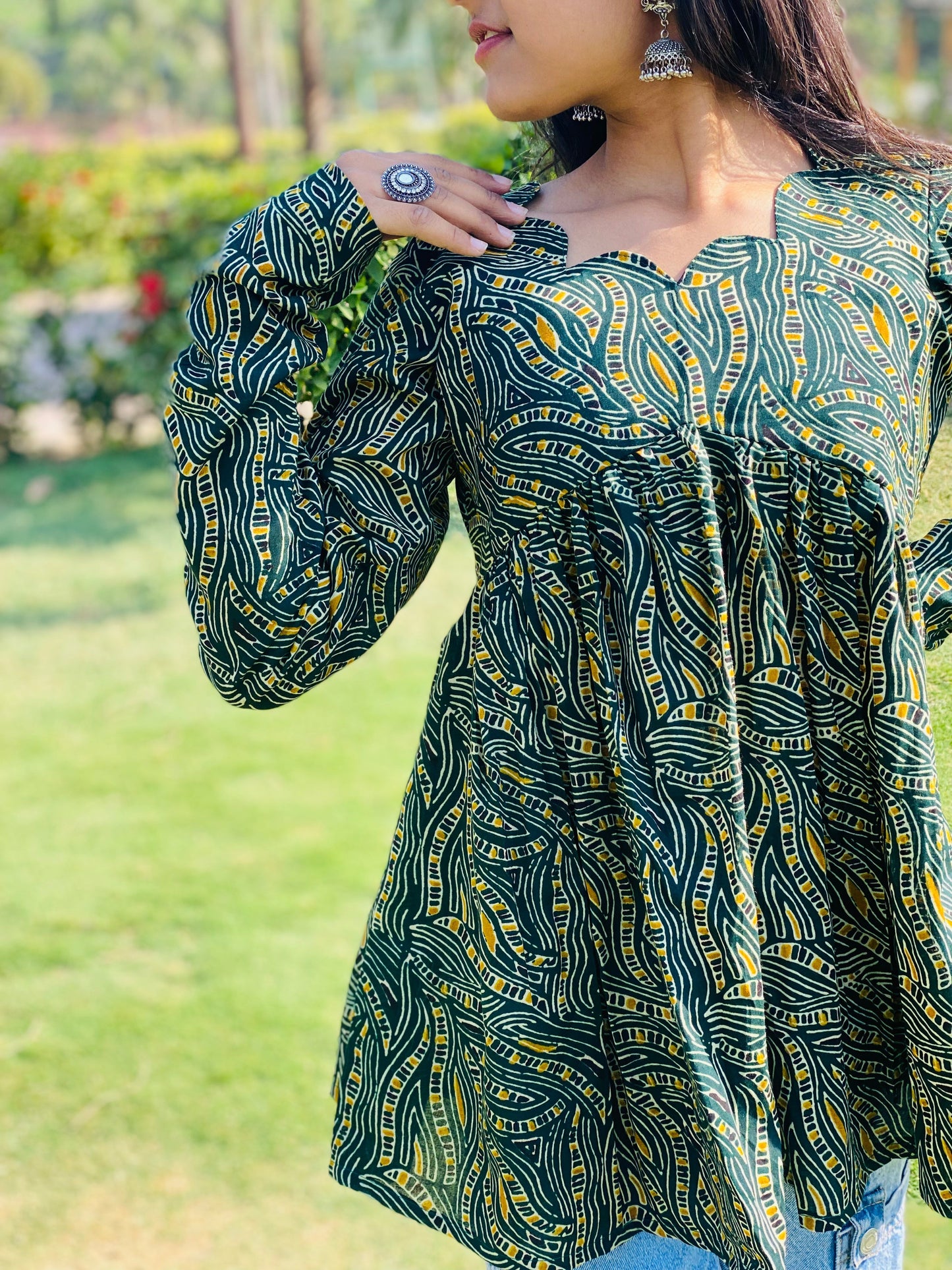 Green snake design short kurti