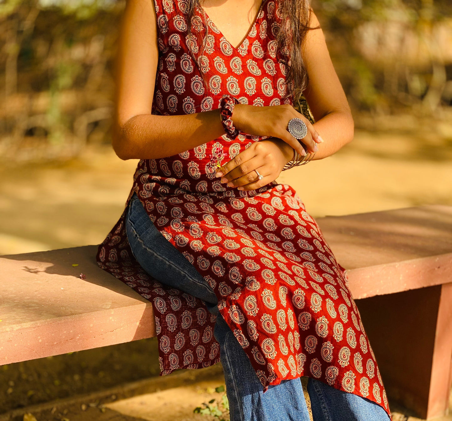Mango print V neck long kurti