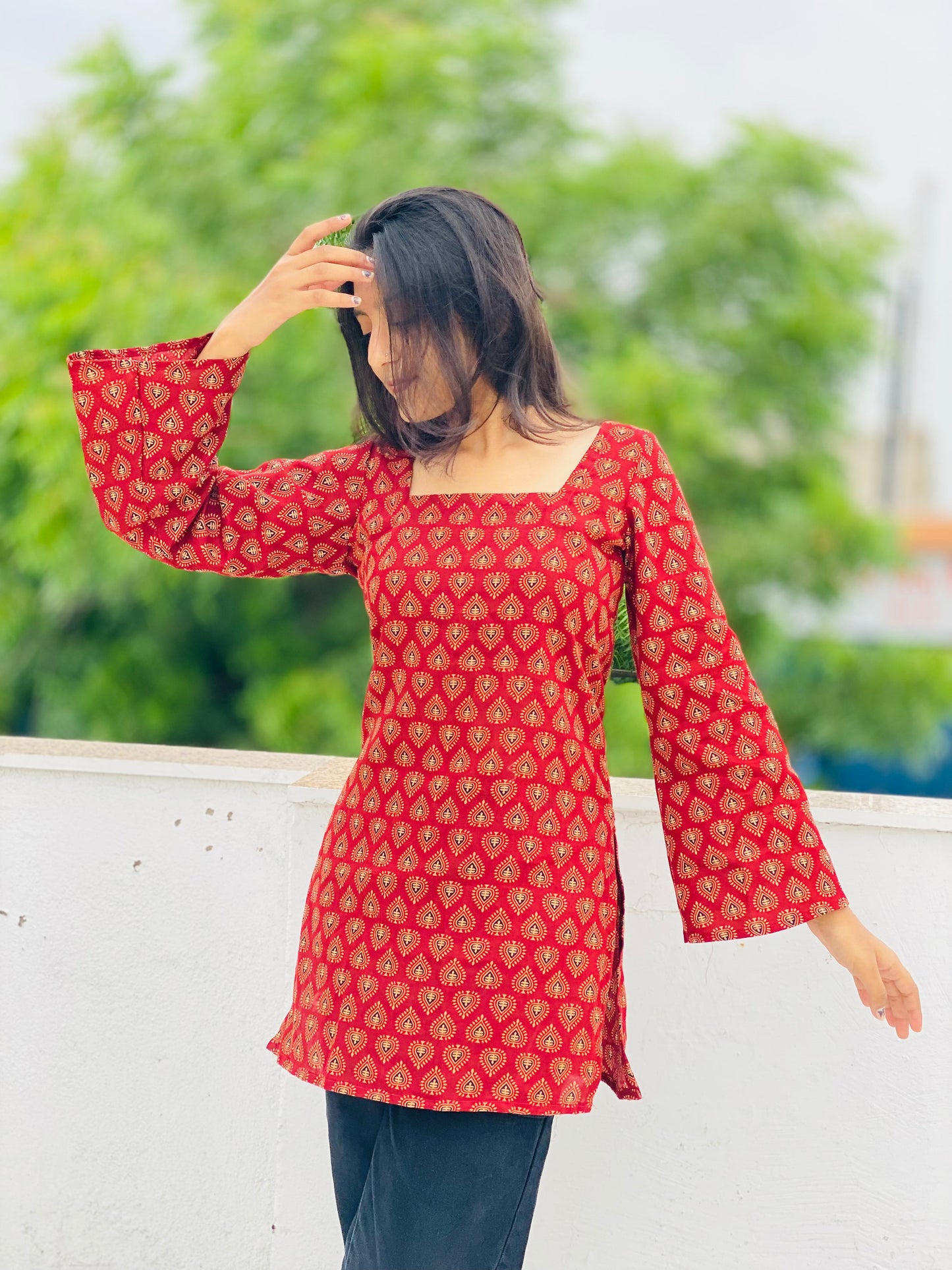 Kutchi Print Square Neck Bell Sleeve Short Kurti