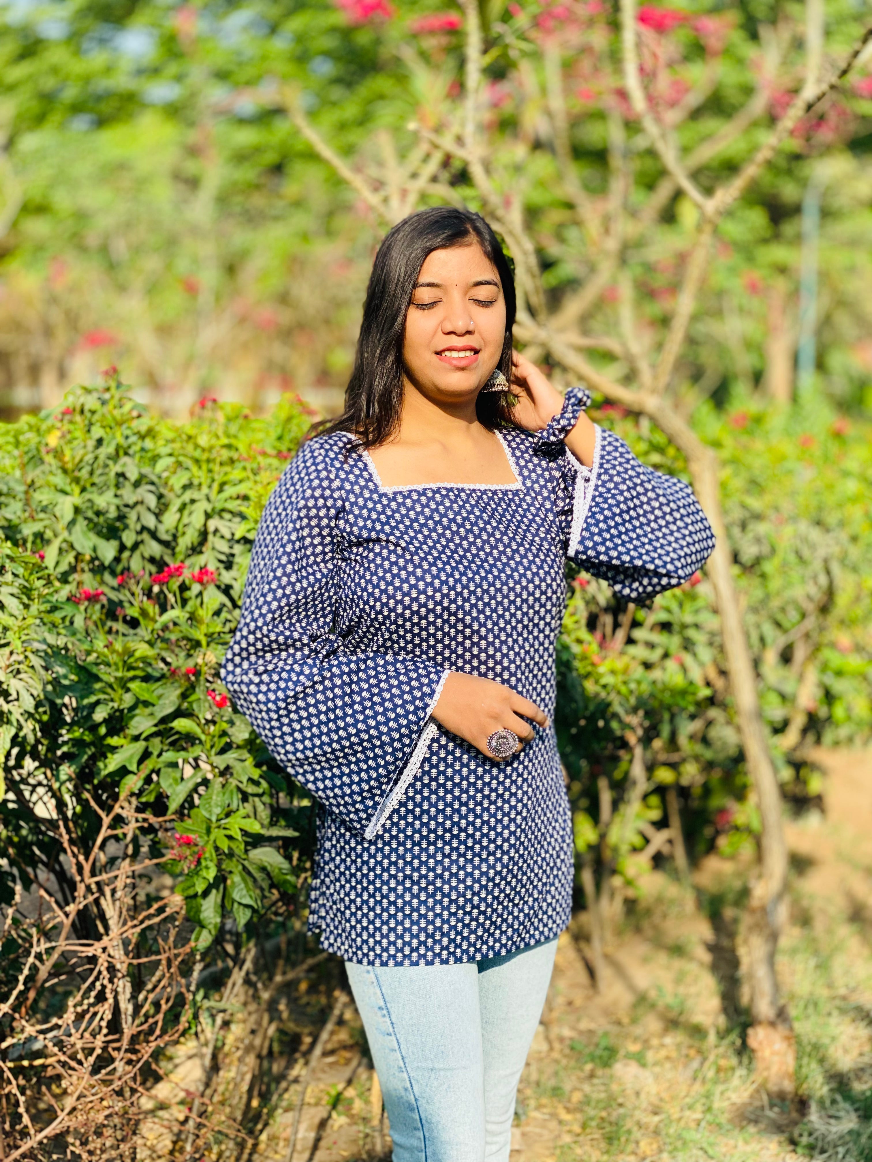 Blue square neck short kurti