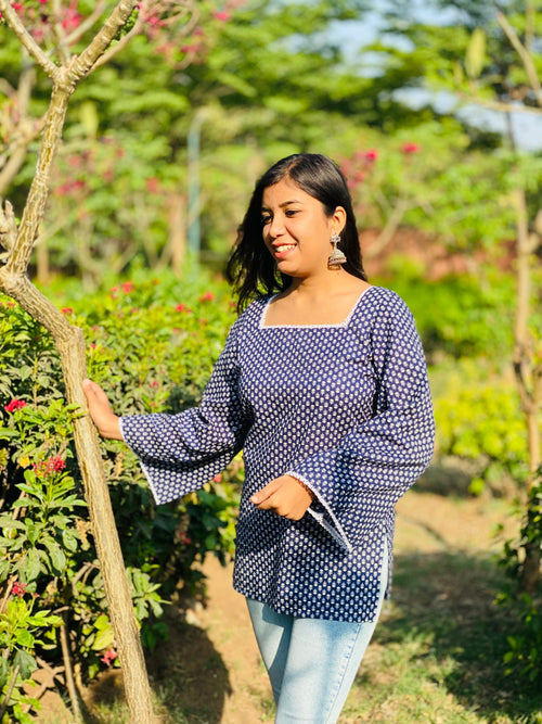 Blue square neck short kurti