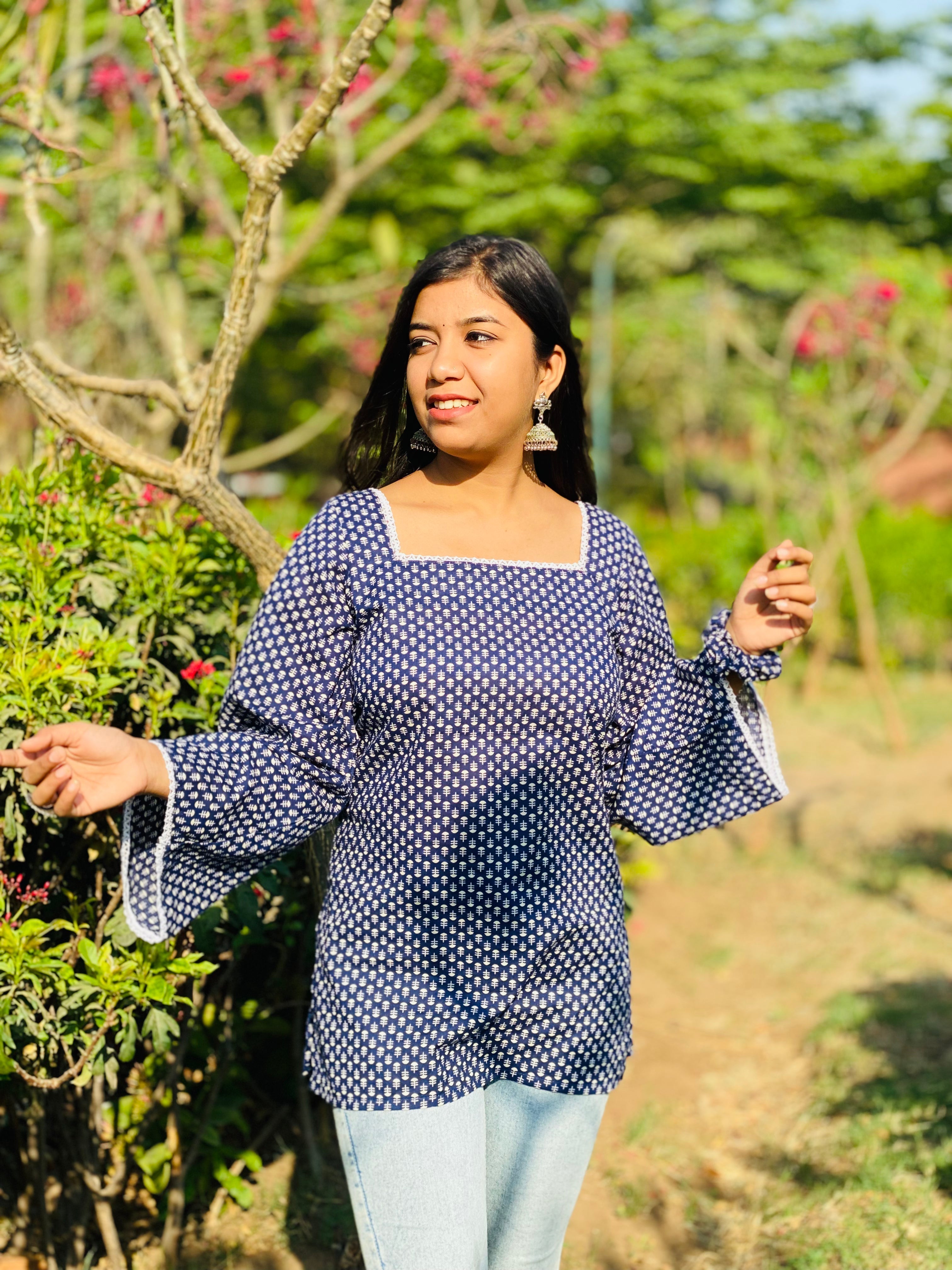 Blue square neck short kurti