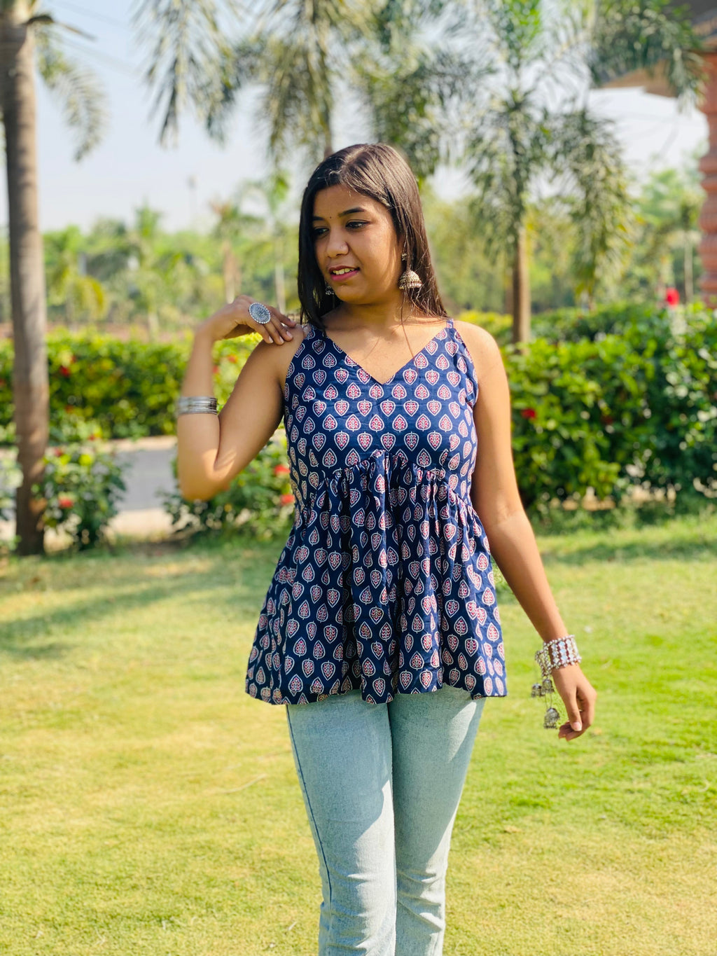Blue V neck short kurti