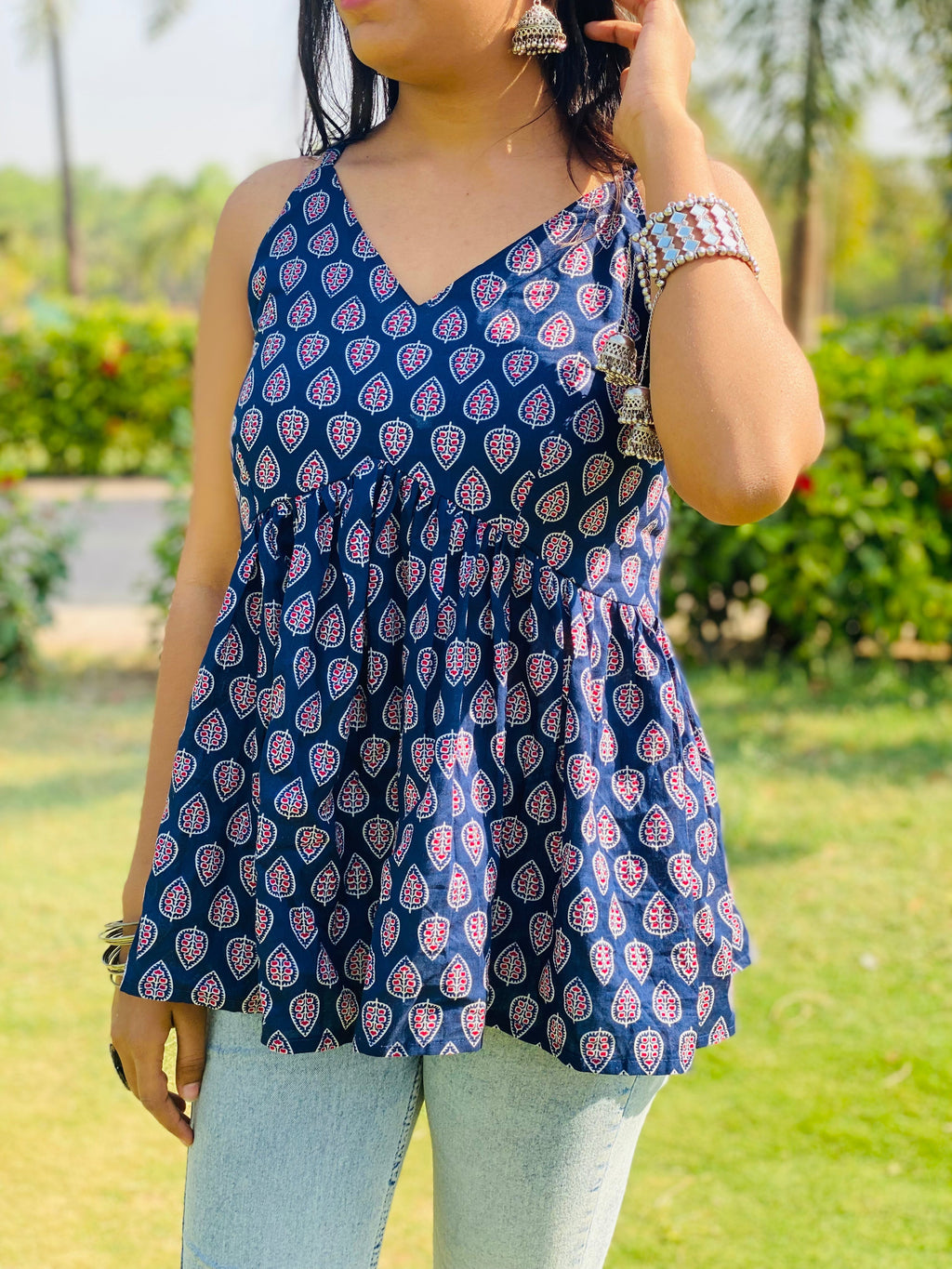Blue V neck short kurti