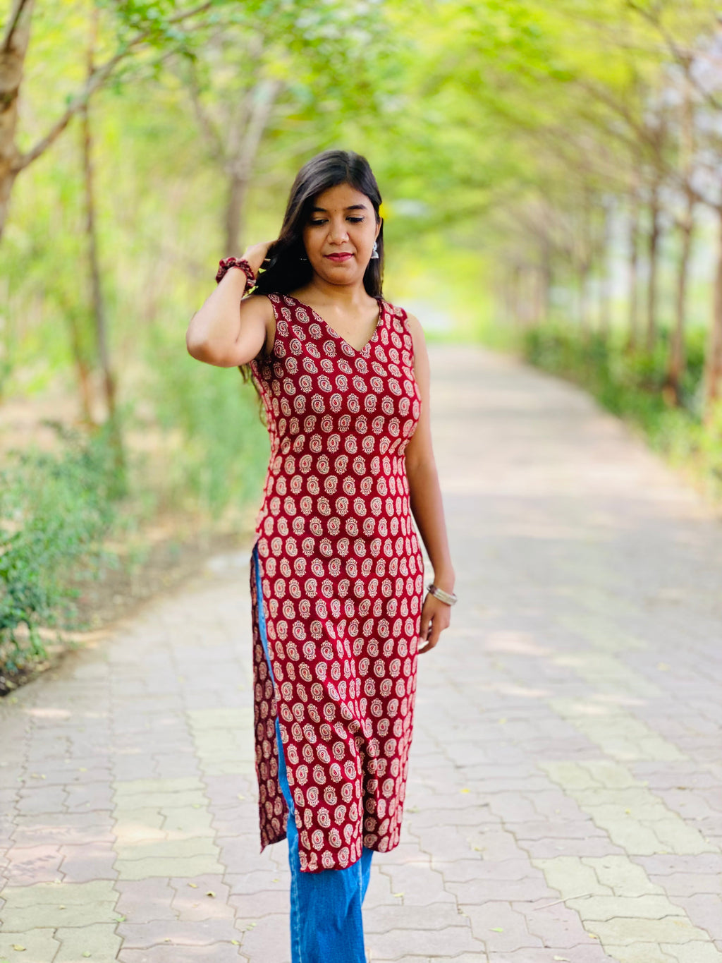 Mango print V neck long kurti
