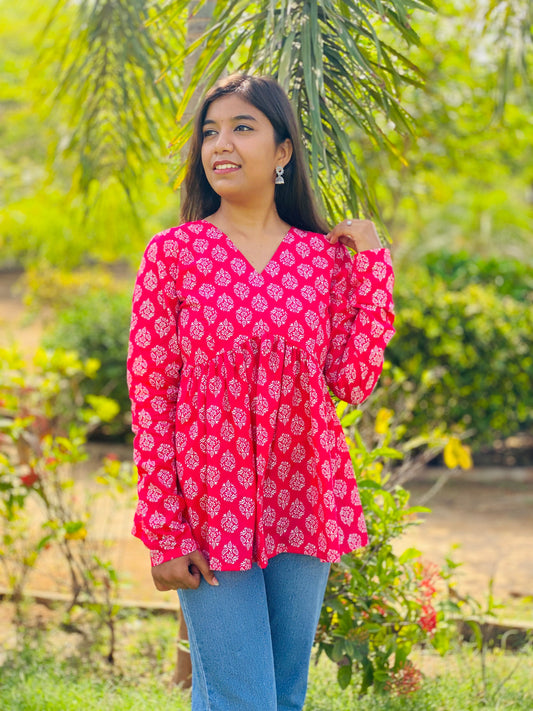 Gota print full sleeve V neck short kurti