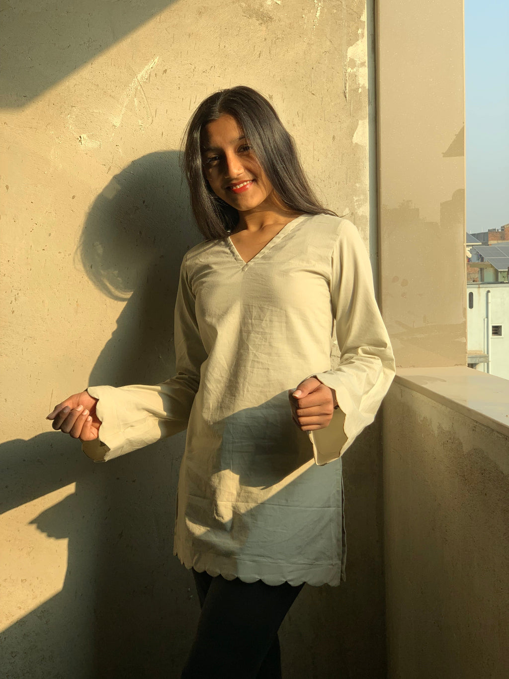 Moon Beige Short V-Neck Kurti