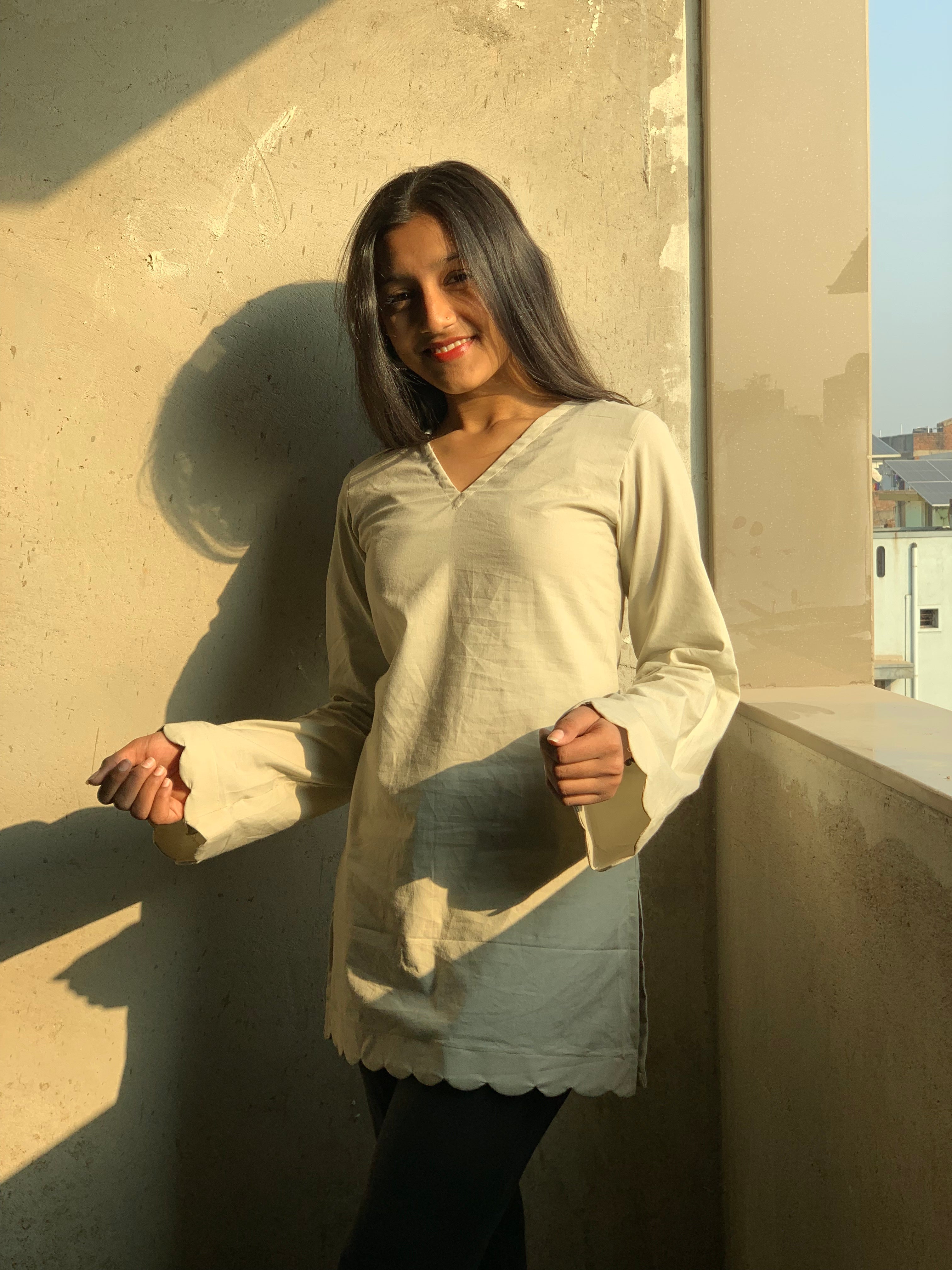 Moon Beige Short V-Neck Kurti