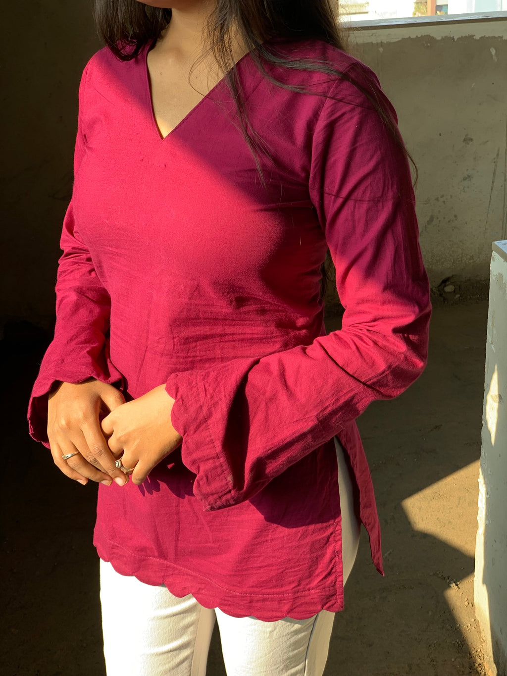 Wine Petal Short V-Neck Kurti