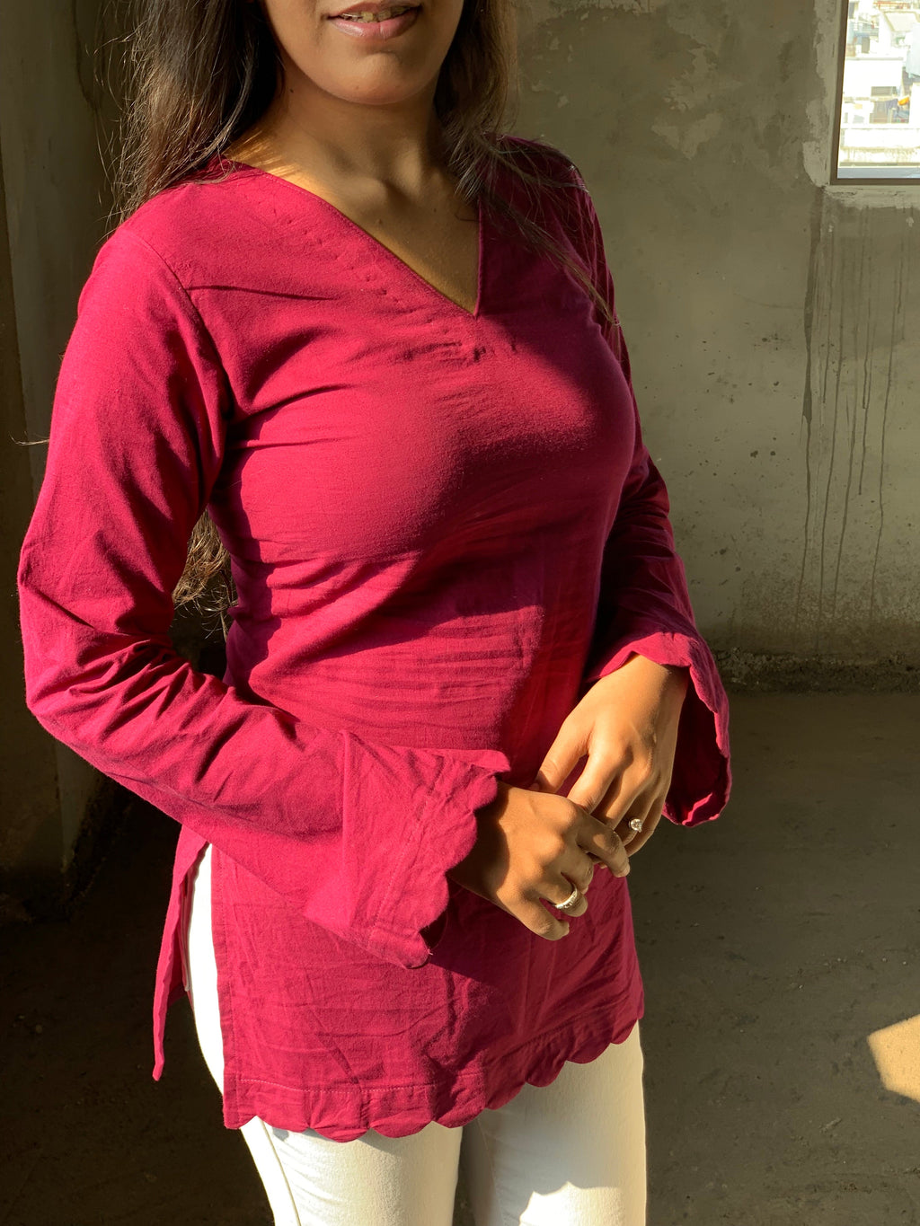 Wine Petal Short V-Neck Kurti