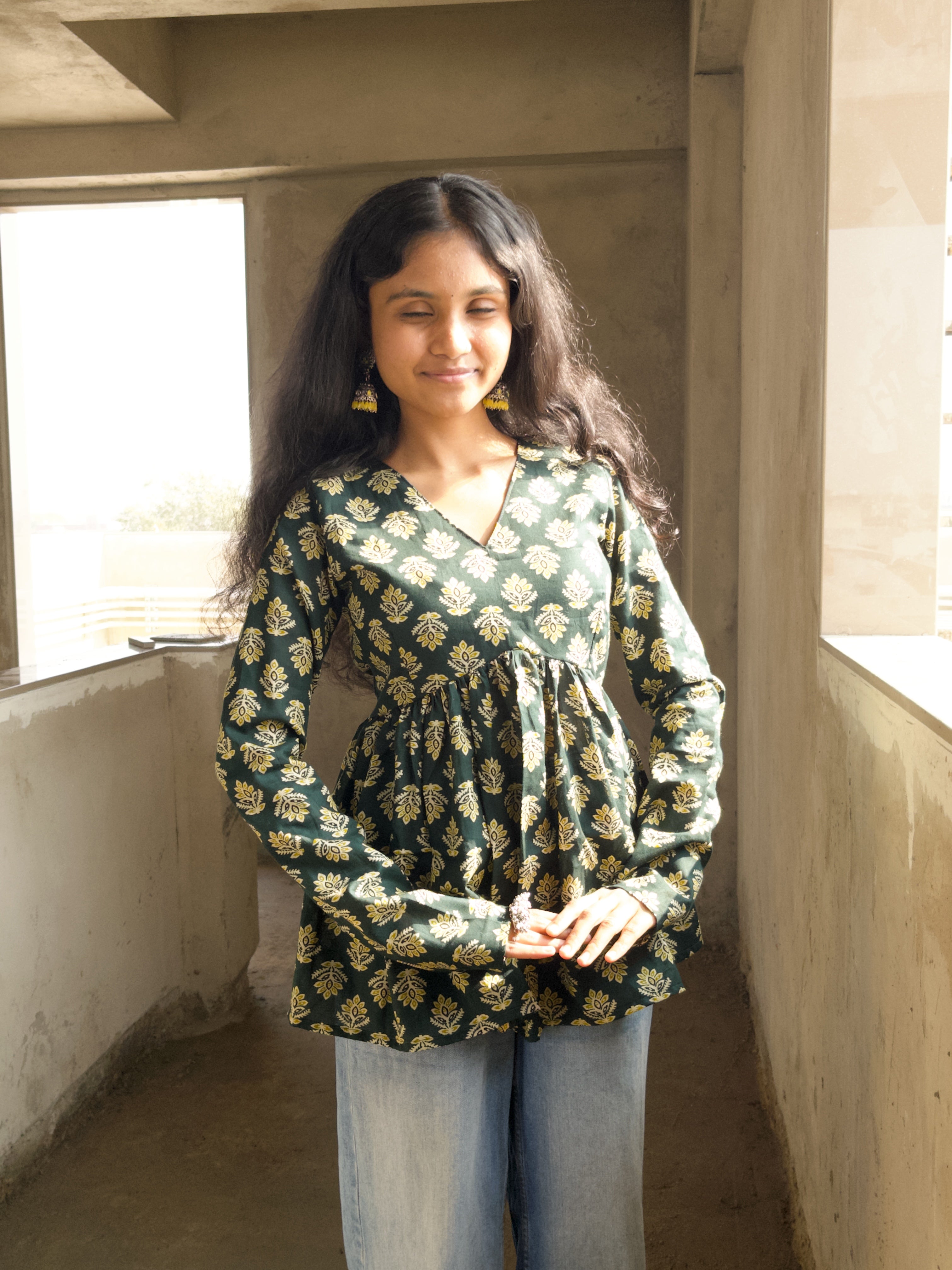 Emerald Phool Short V-Neck Kurti
