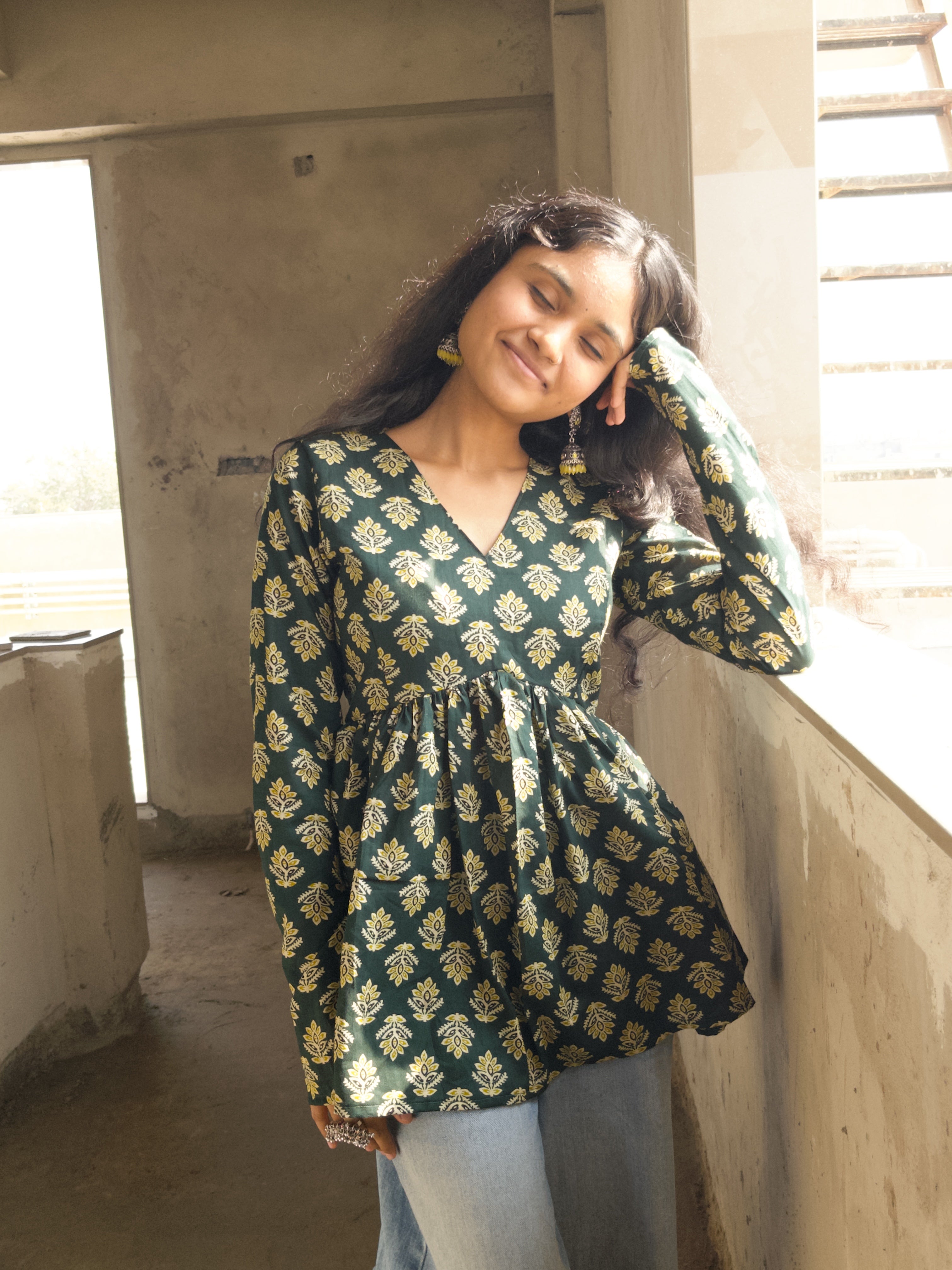 Emerald Phool Short V-Neck Kurti