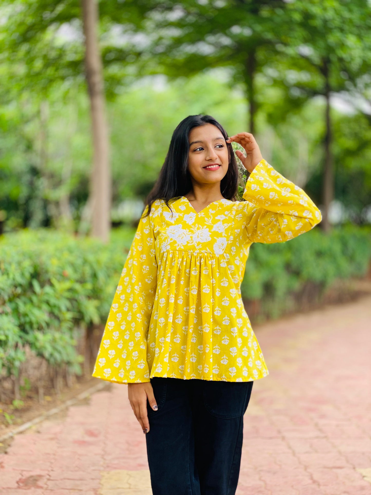 Yellow Bell Sleeve Short Kurti