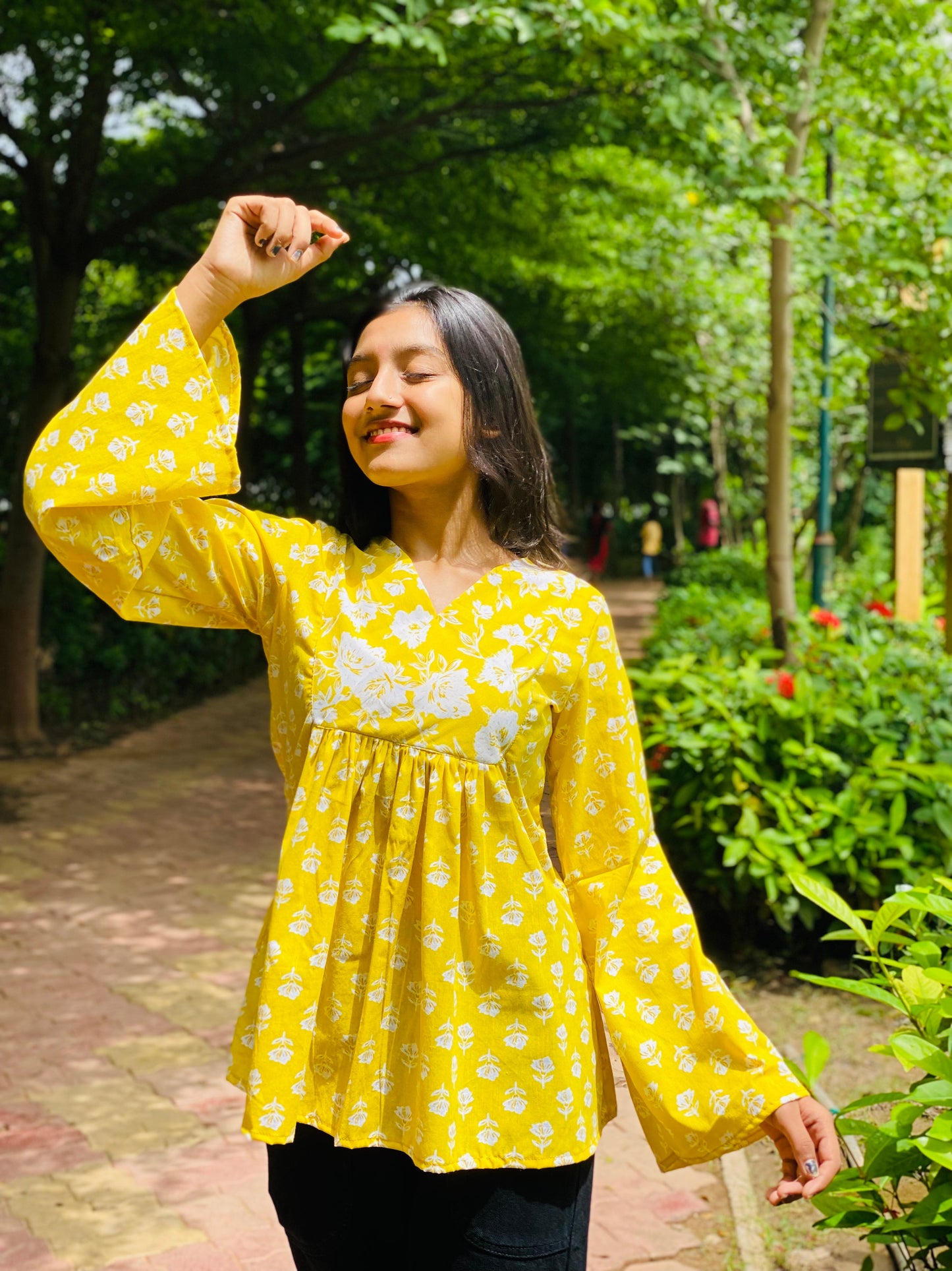 Yellow Bell Sleeve Short Kurti