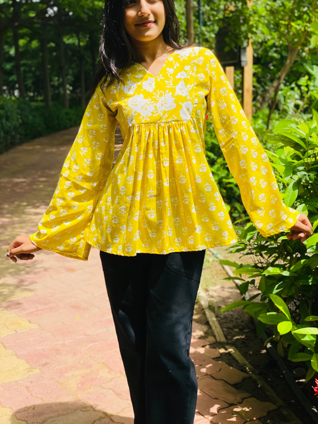 Yellow Bell Sleeve Short Kurti