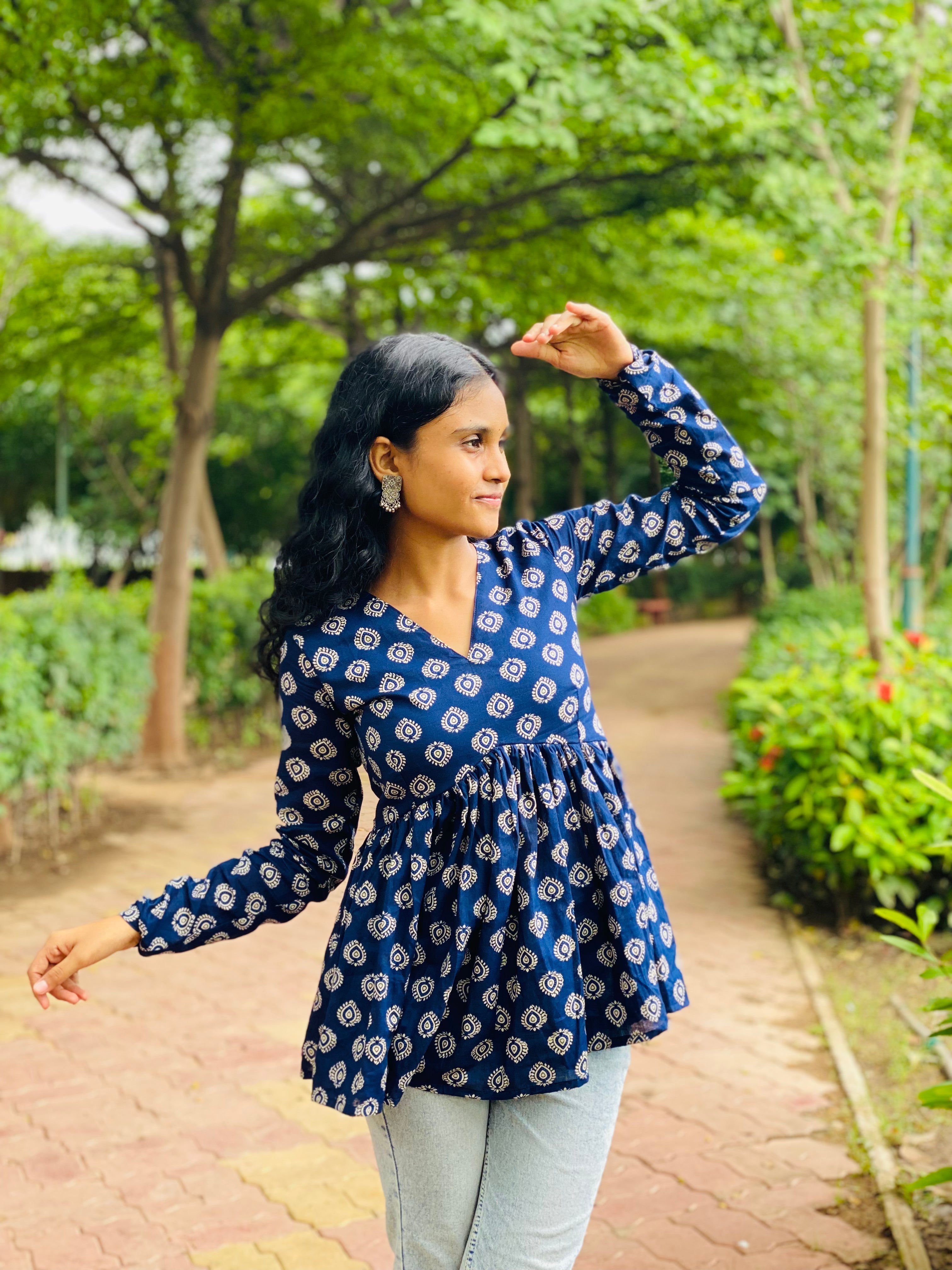 Blue V neck Full Sleeve Short Kurti