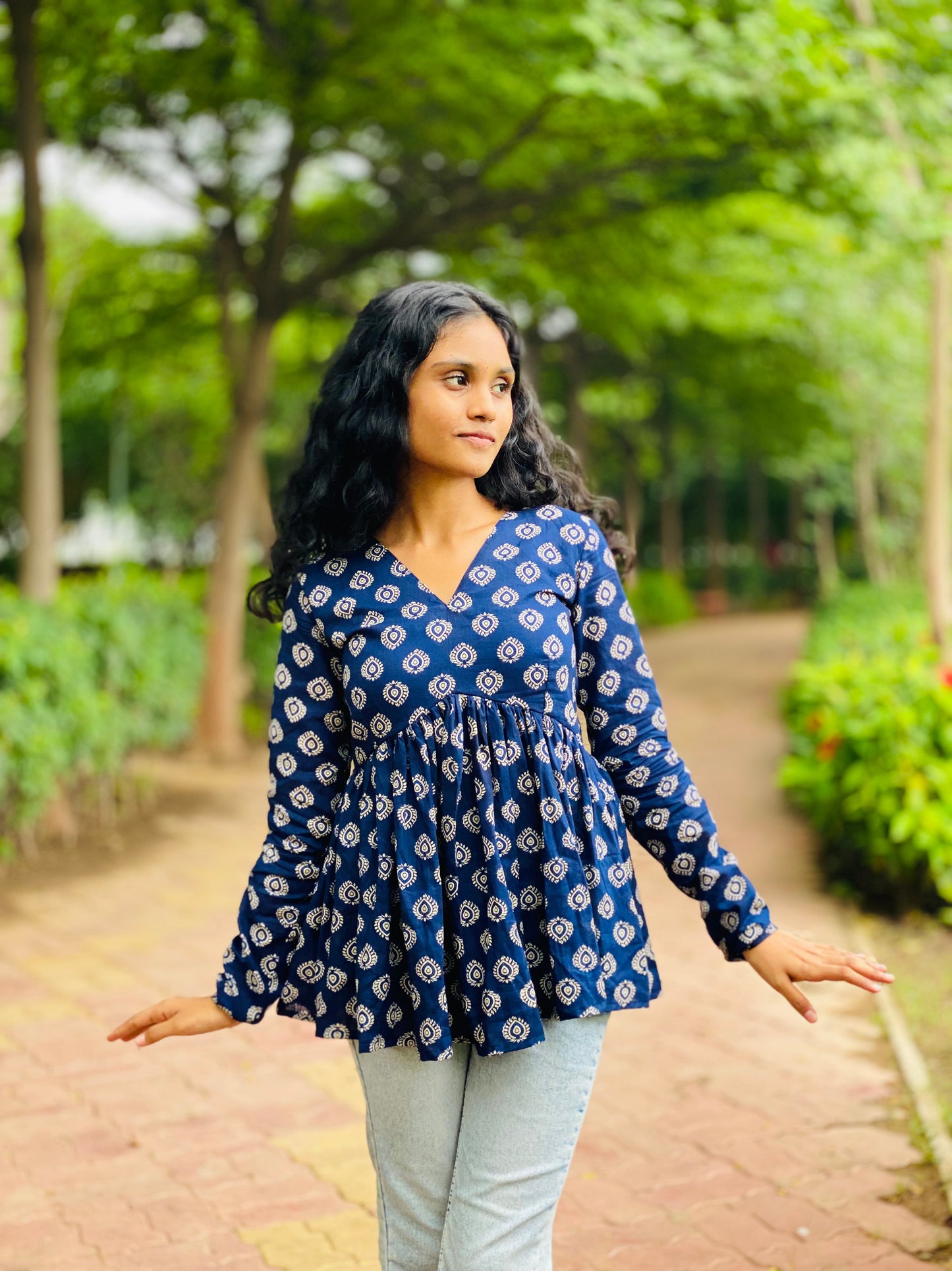 Blue V neck Full Sleeve Short Kurti