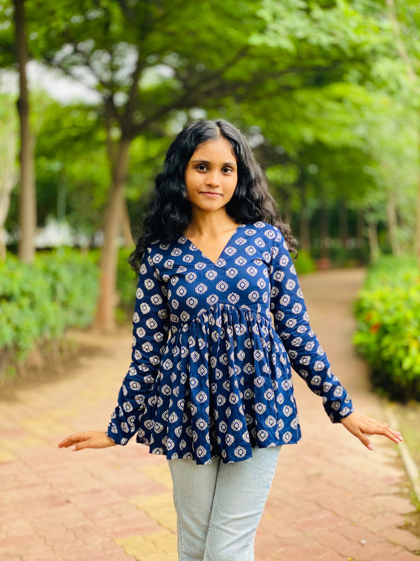 Blue V neck Full Sleeve Short Kurti