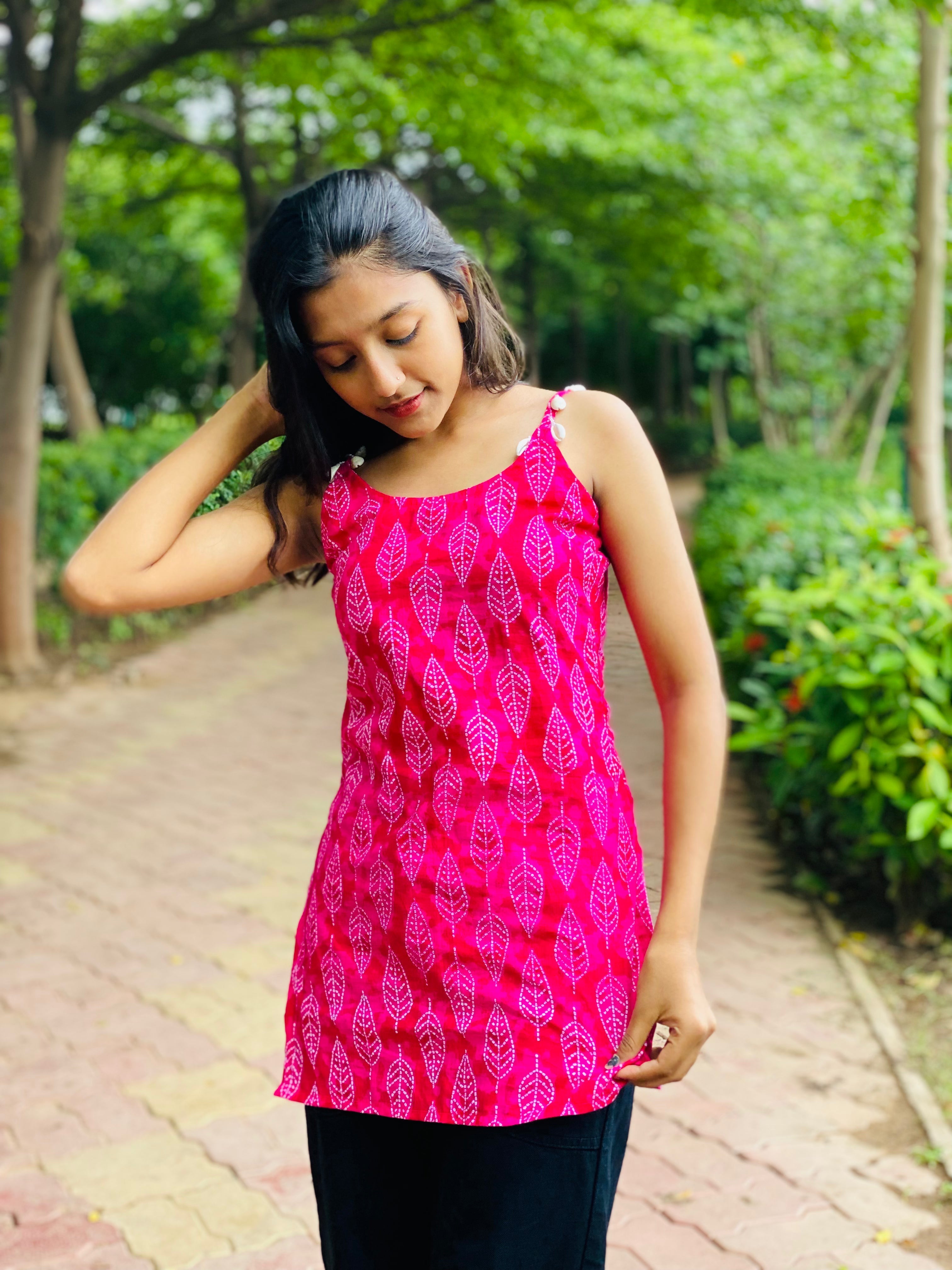 White Leaf Pink Short Kurti