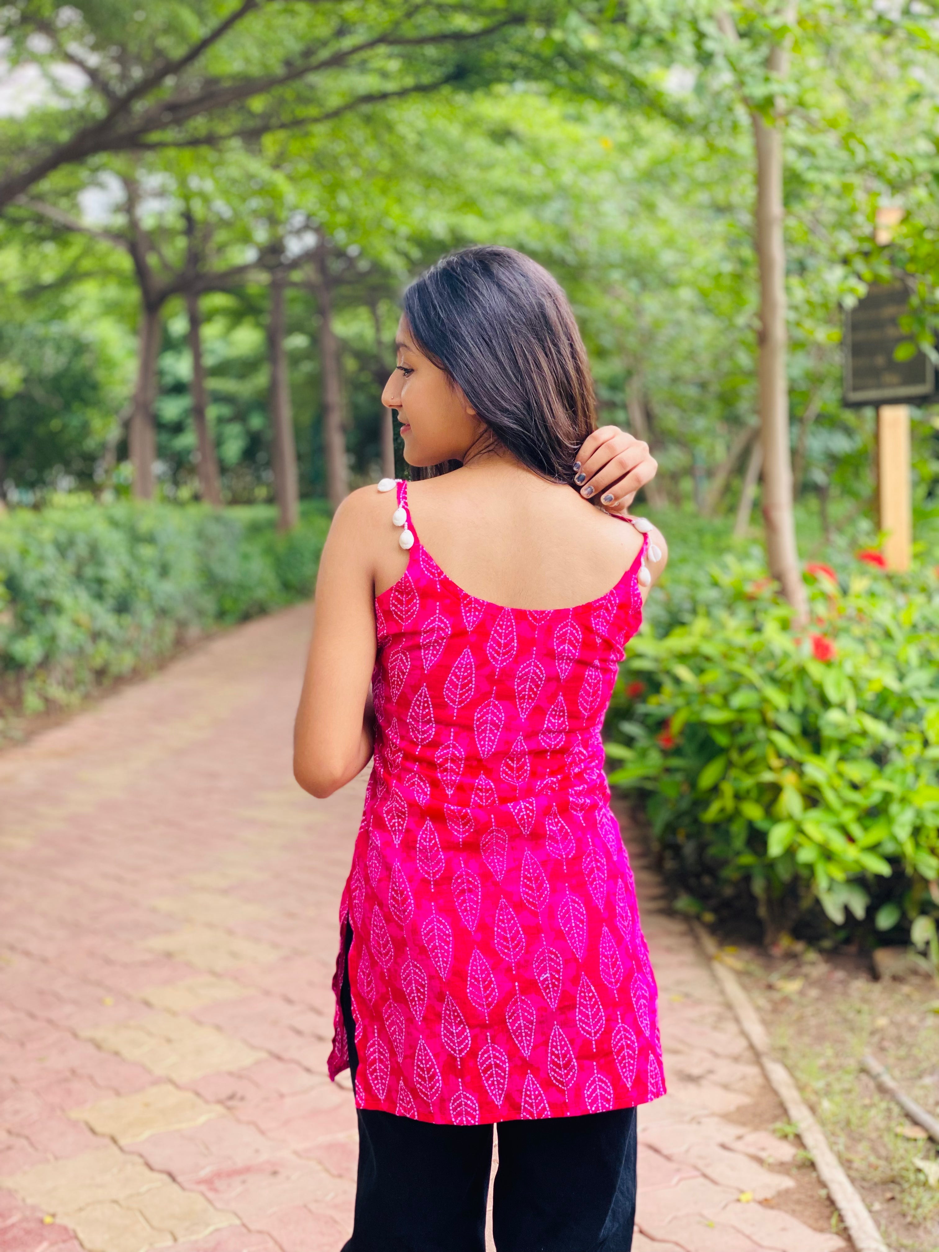 White Leaf Pink Short Kurti