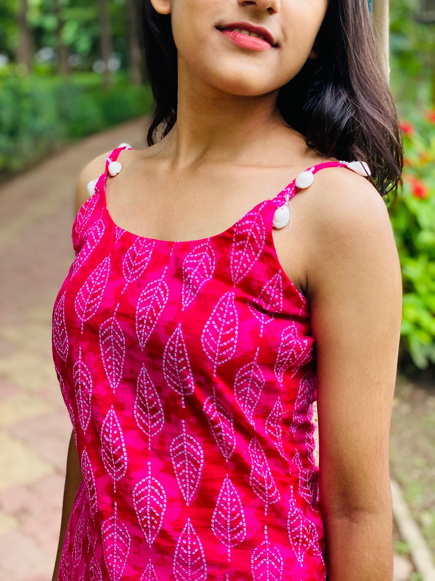 White Leaf Pink Short Kurti