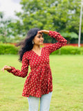 Red V Neck Full Sleeve Short Kurti