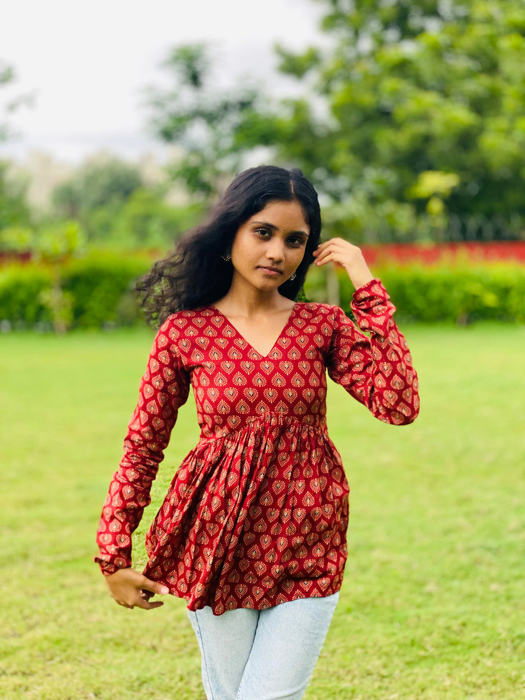 Red V Neck Full Sleeve Short Kurti