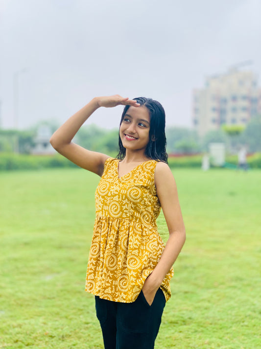 Yellow V Neck Sleeveless Short Kurti