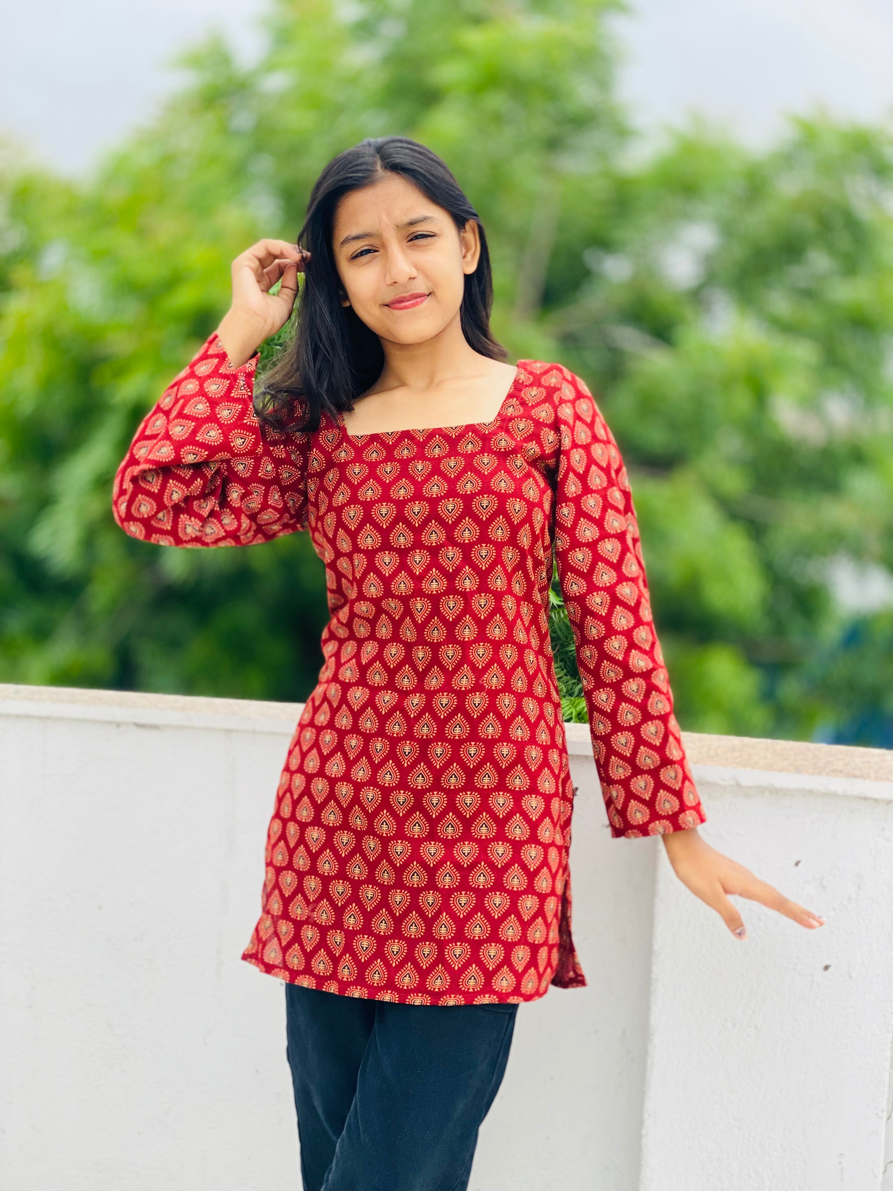 Kutchi Print Square Neck Bell Sleeve Short Kurti