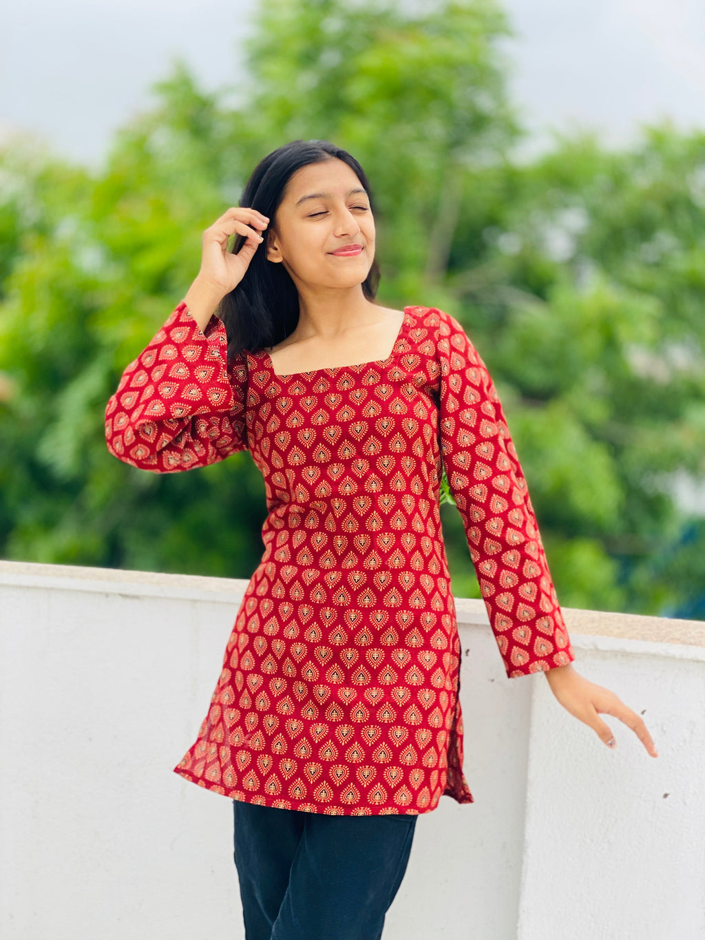 Kutchi Print Square Neck Bell Sleeve Short Kurti