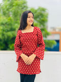 Kutchi Print Square Neck Bell Sleeve Short Kurti