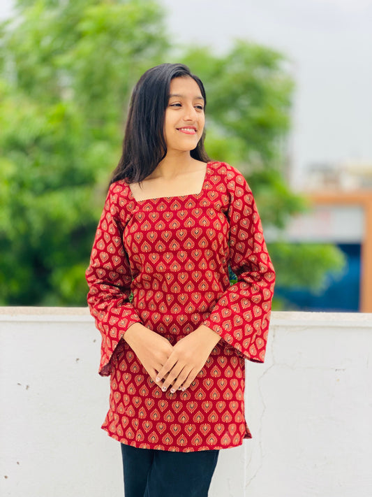 Kutchi Print Square Neck Bell Sleeve Short Kurti