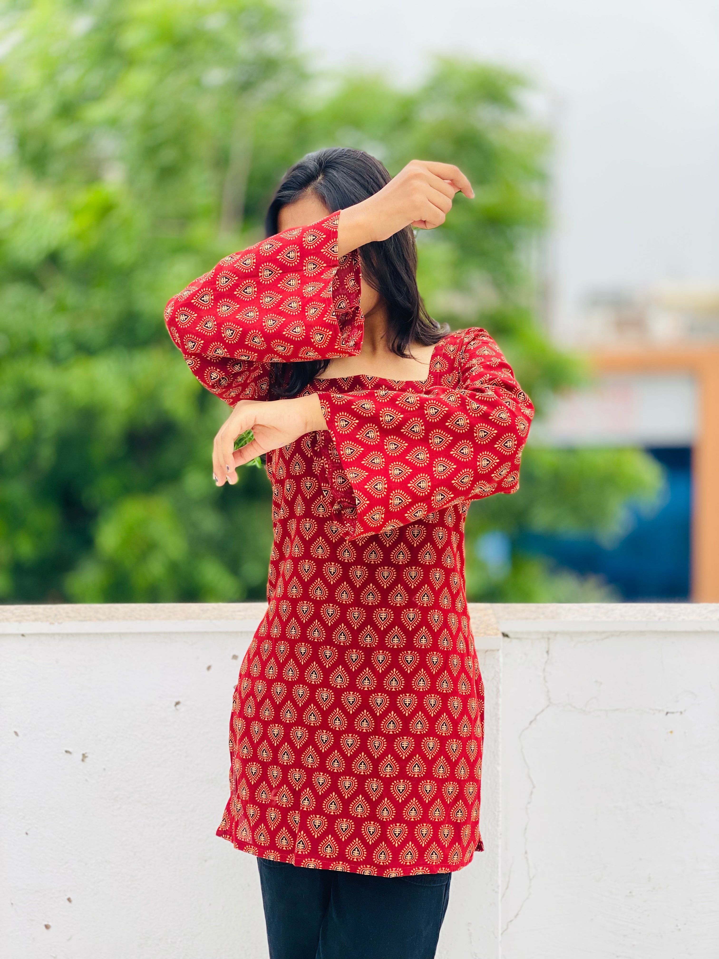 Kutchi Print Square Neck Bell Sleeve Short Kurti