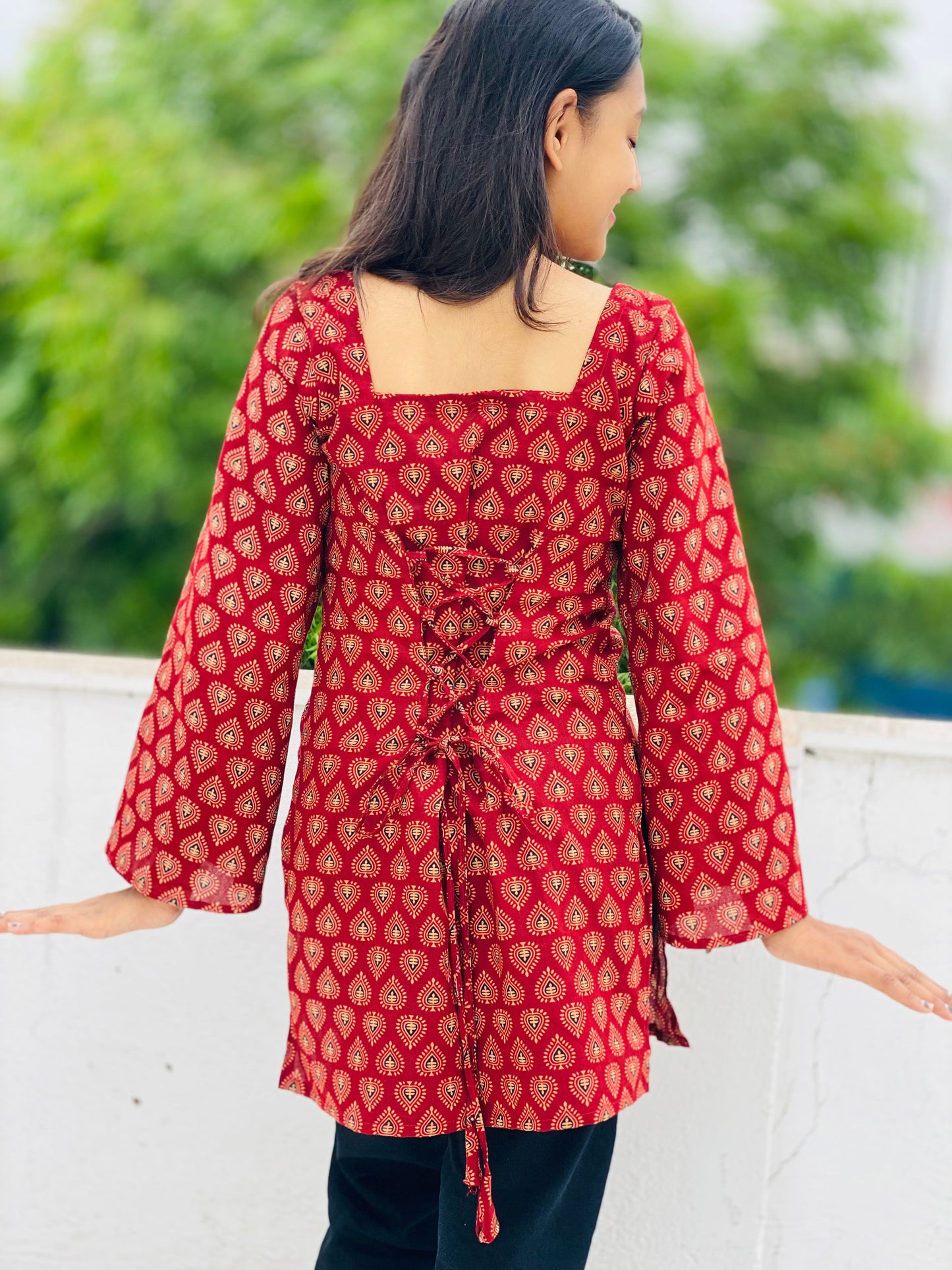 Kutchi Print Square Neck Bell Sleeve Short Kurti