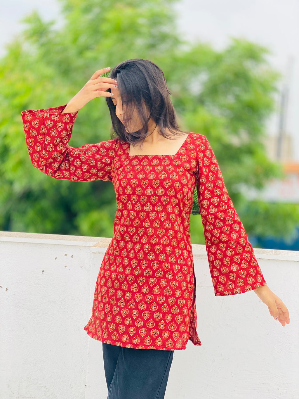 Kutchi Print Square Neck Bell Sleeve Short Kurti