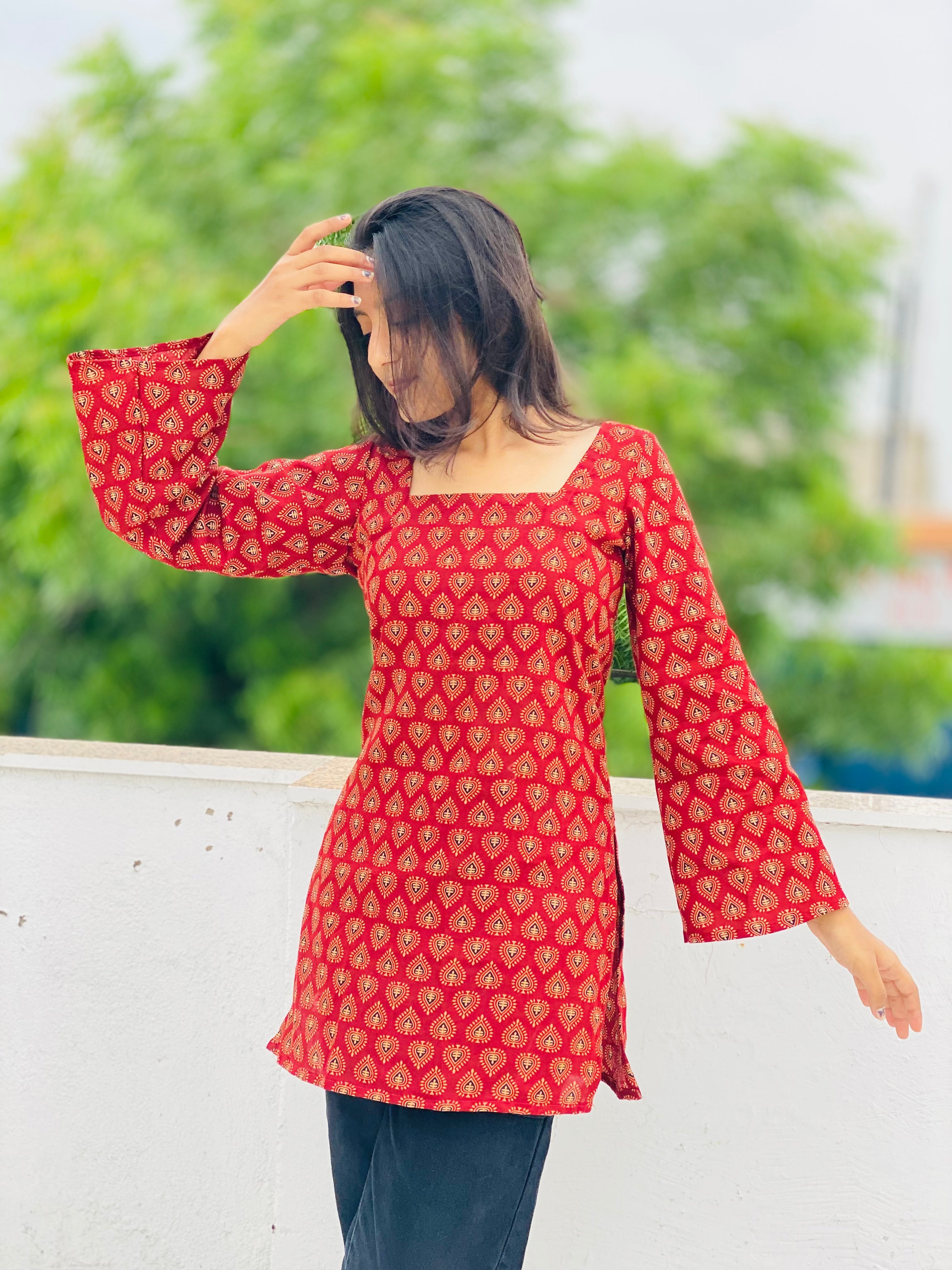Kutchi Print Square Neck Bell Sleeve Short Kurti